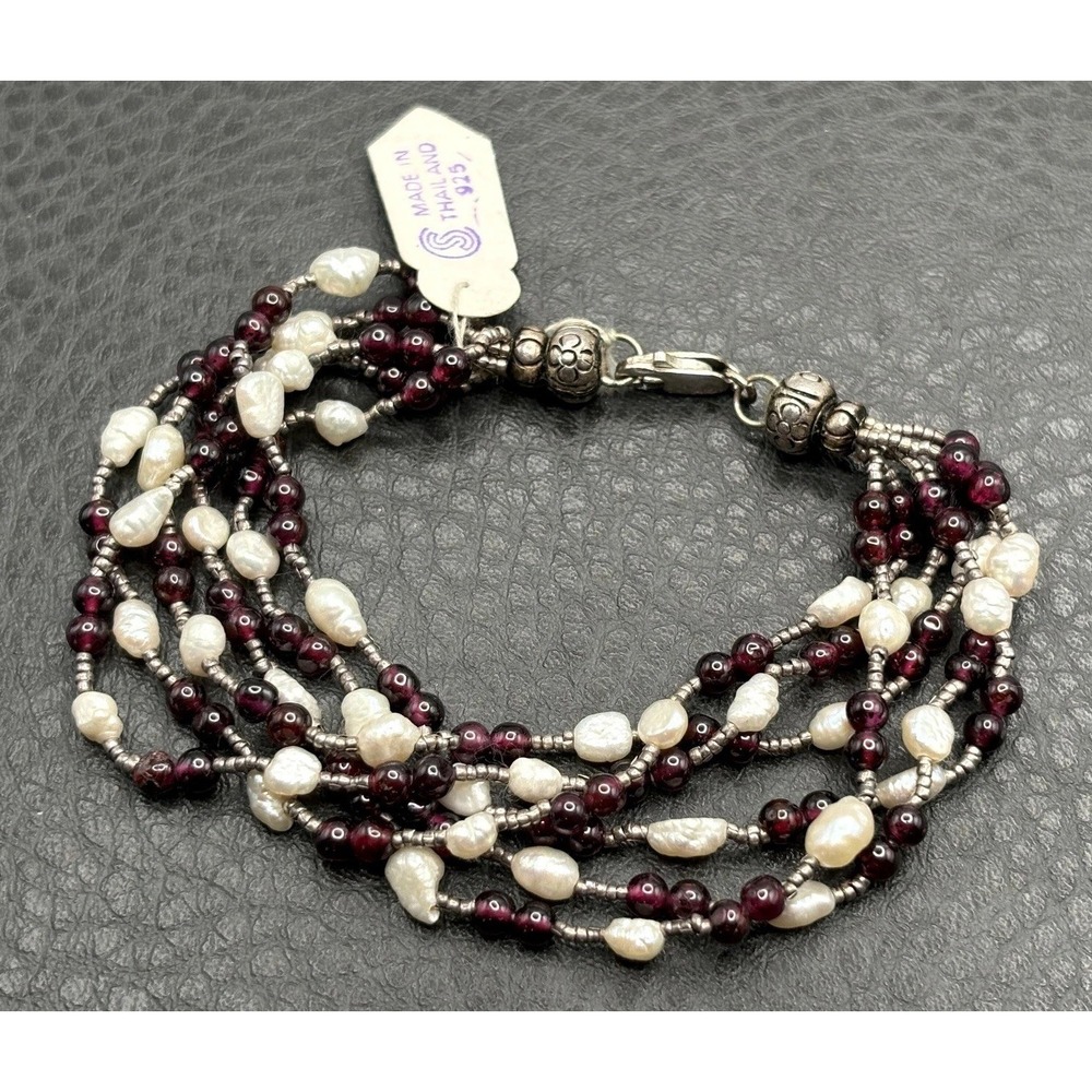 VTG Thai Sterling Silver Garnet & Pearl Bali 925 Beaded Multi Strand Bracelet